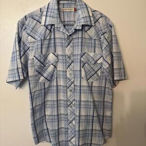 Roper Western Mens Shirt M Blue‎ Plaid Short Sleeve Pearl Snap Shirt